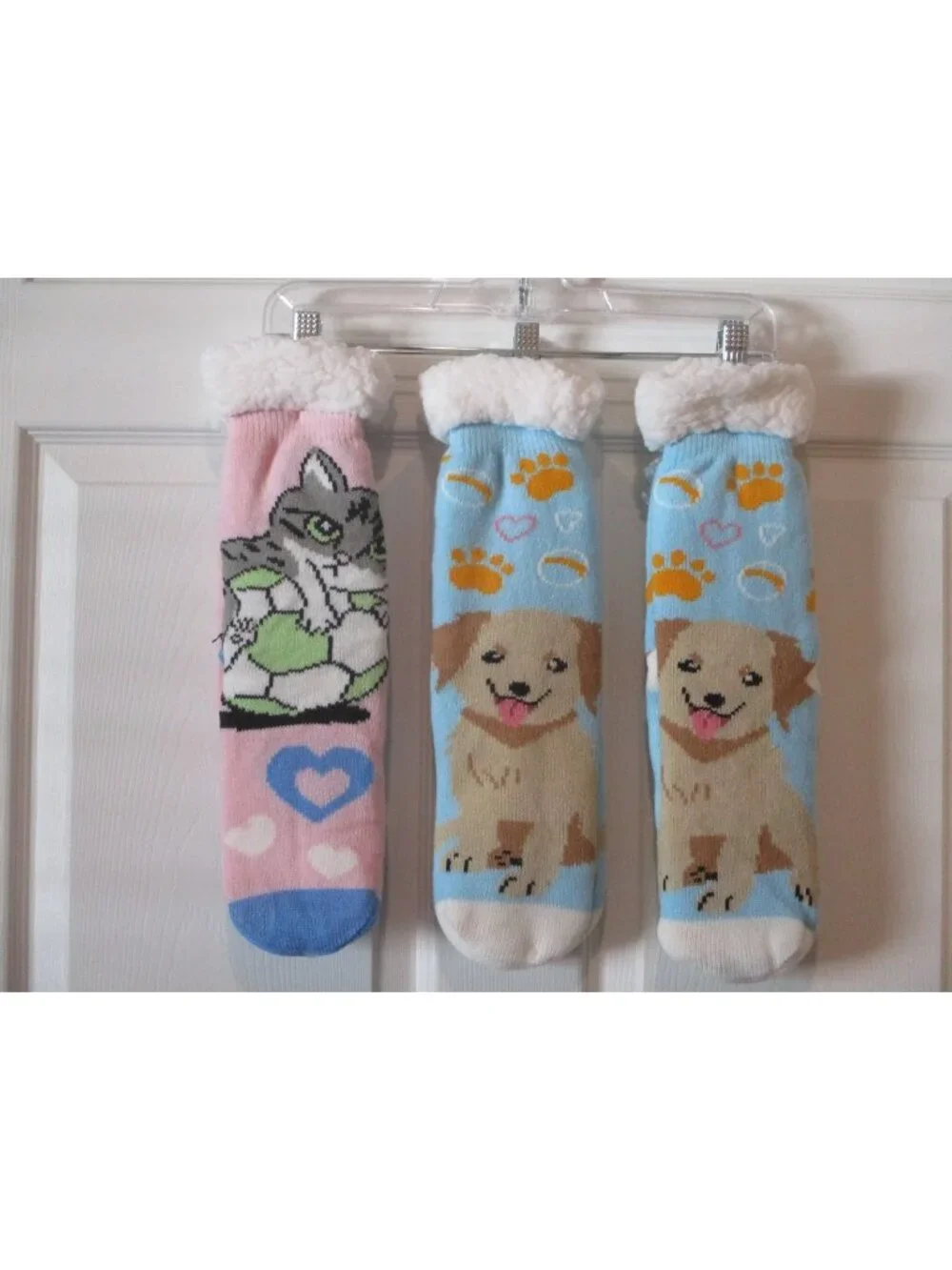 Critter Sherpa Theme Lined Socks Non slip Lot 3 Faux Fur 2 Puppies 1 Kitty New